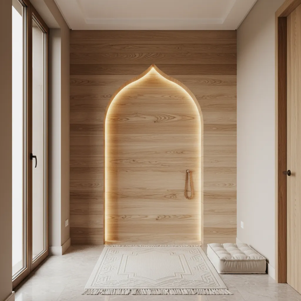 Mihrab rumah dengan panel kayu natural