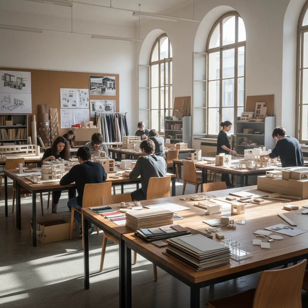 Aula de diseño interior en una escuela de Milán con estudiantes trabajando en maquetas