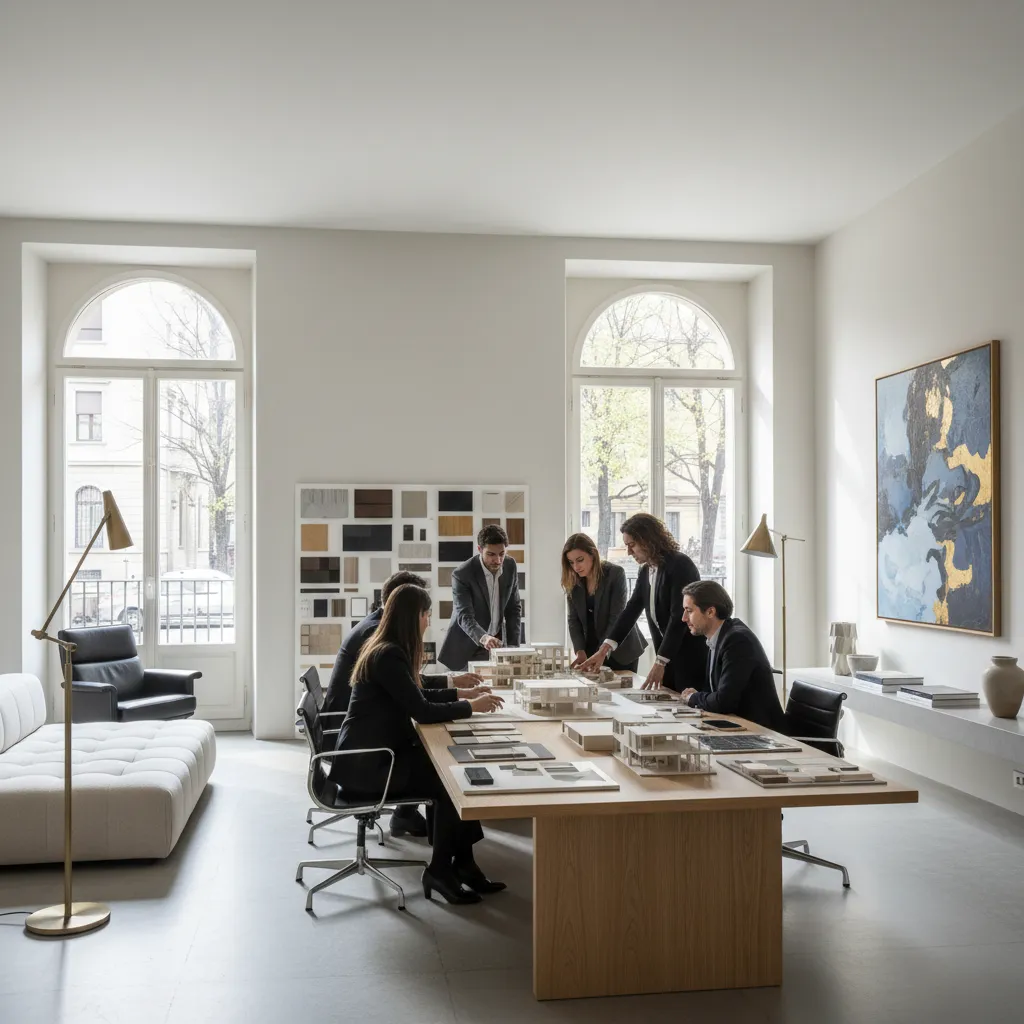 Estudio moderno de diseño de interiores en Milán con maquetas y planos