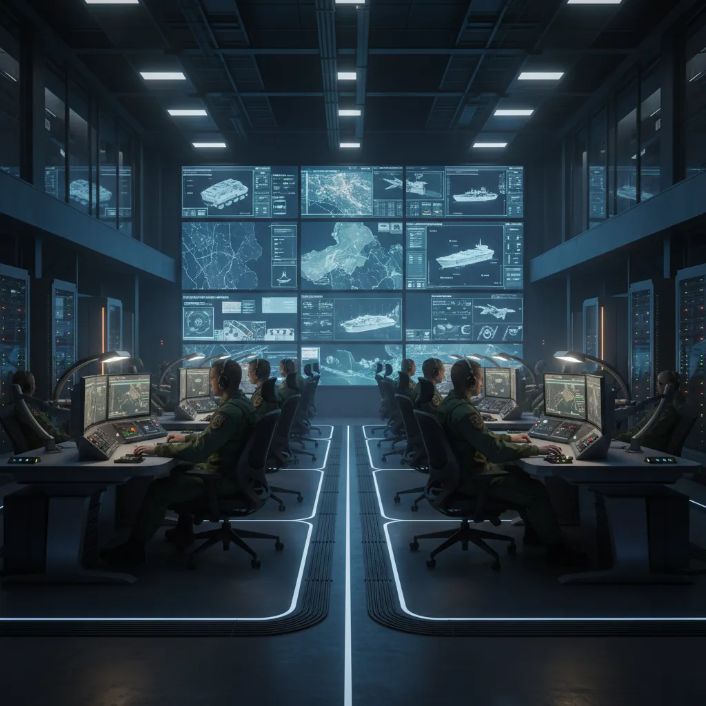 Military command center interior with multiple monitoring screens and operational desks