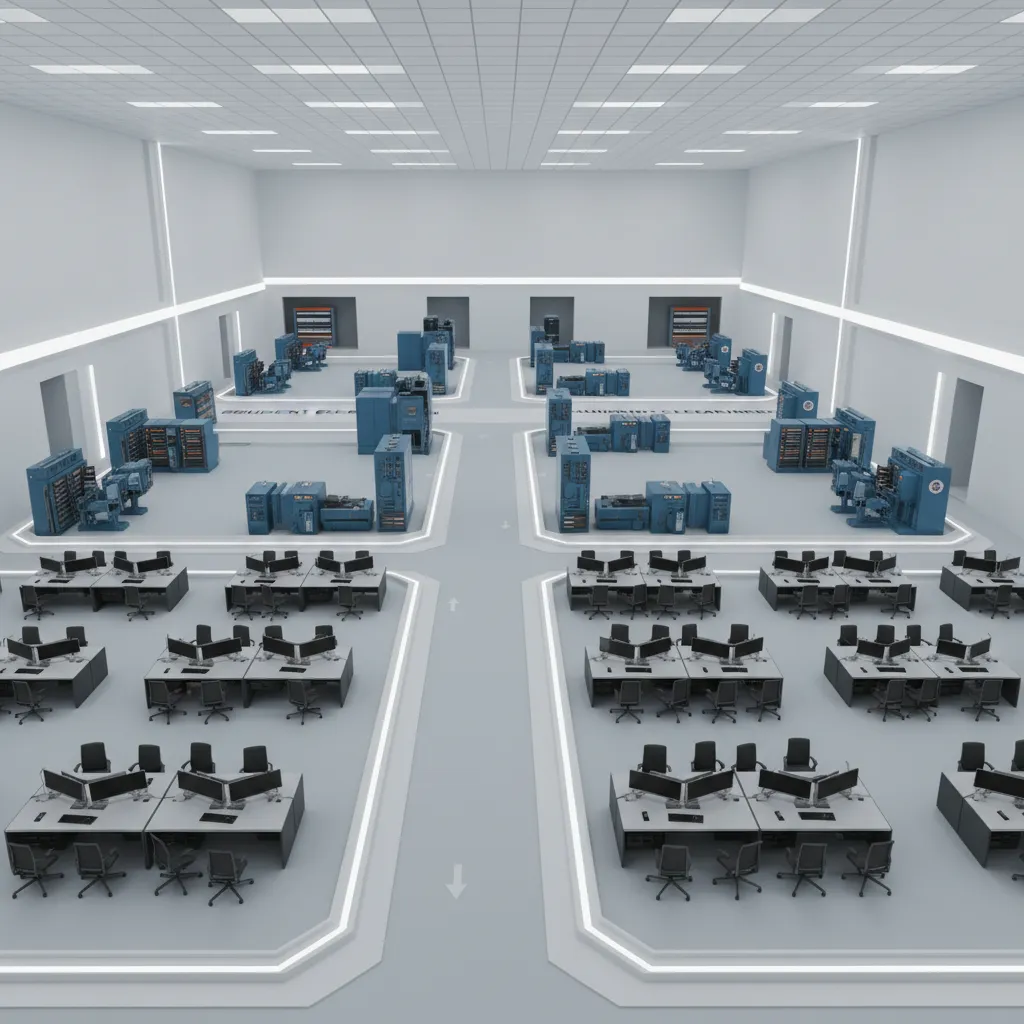 Interior layout visualization showing circulation zones in a military facility