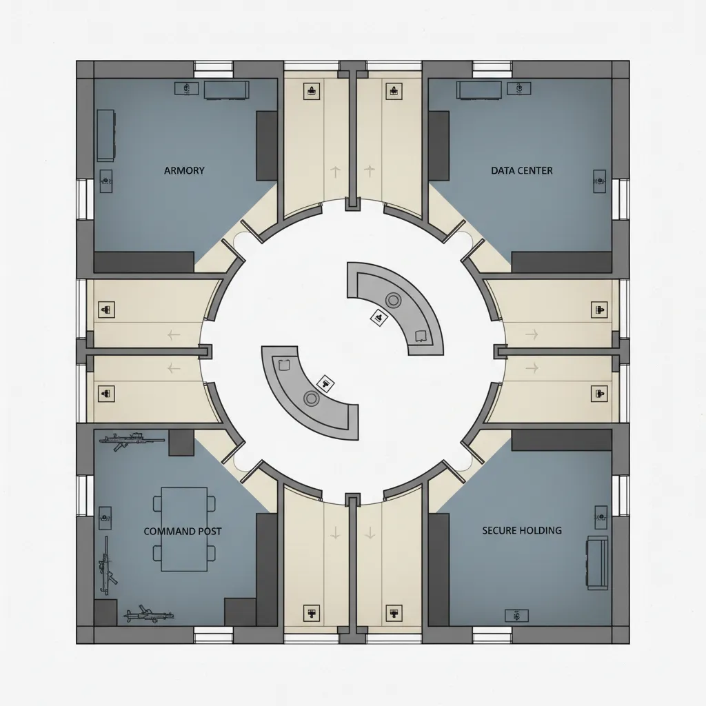 military facility layout showing security zoning and circulation planning