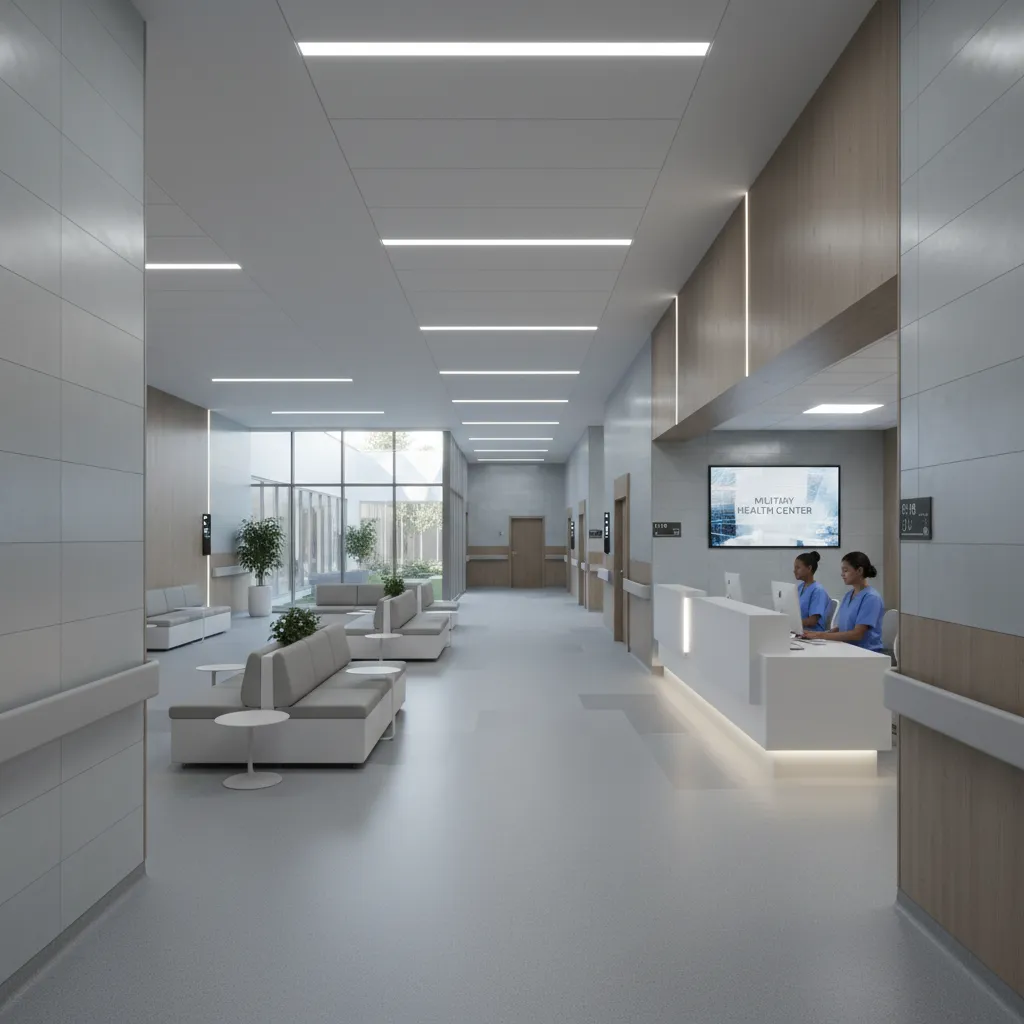 Interior of a modern military hospital facility designed for healthcare operations