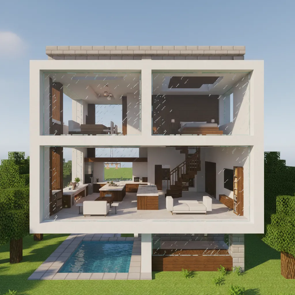Visualización 3D de una casa Minecraft antes de construirse