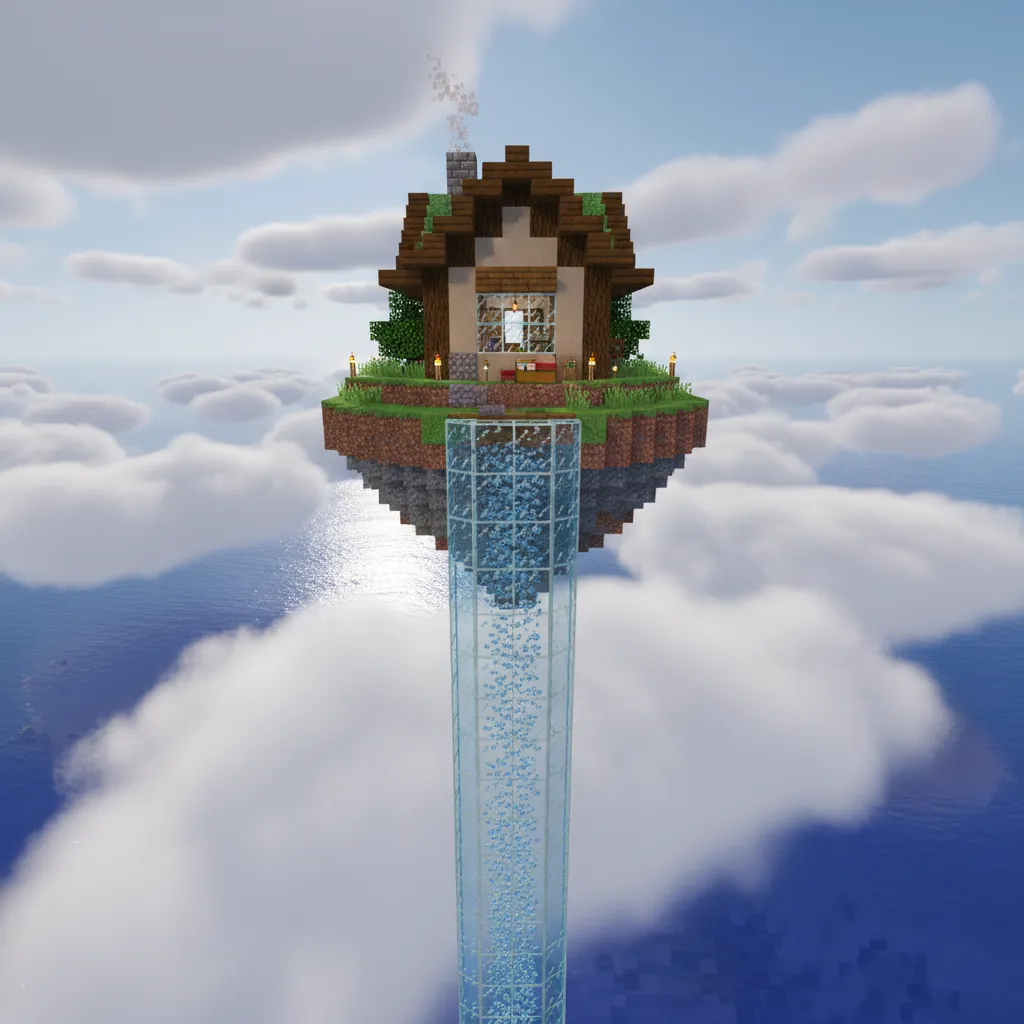 Acceso vertical con ascensor de agua hacia casa flotante en Minecraft