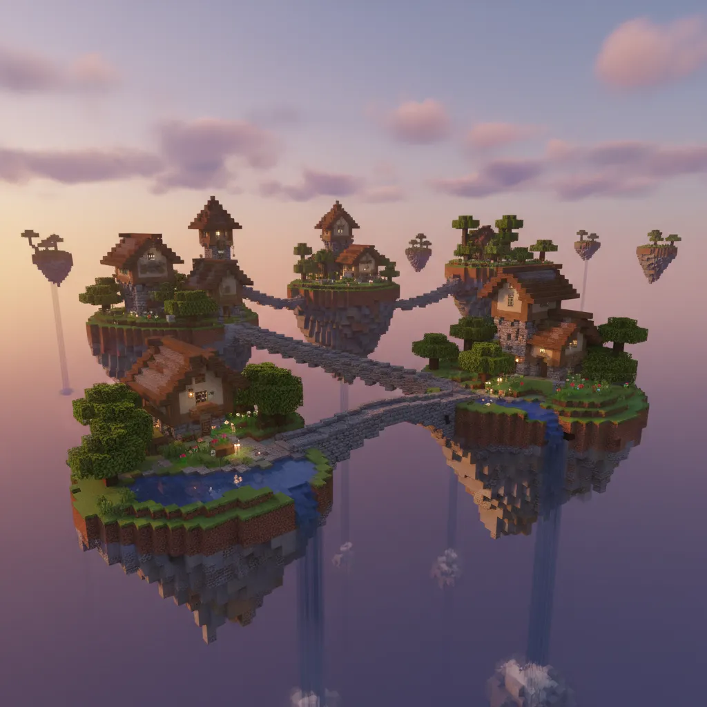 Varias islas flotantes conectadas por puentes en Minecraft