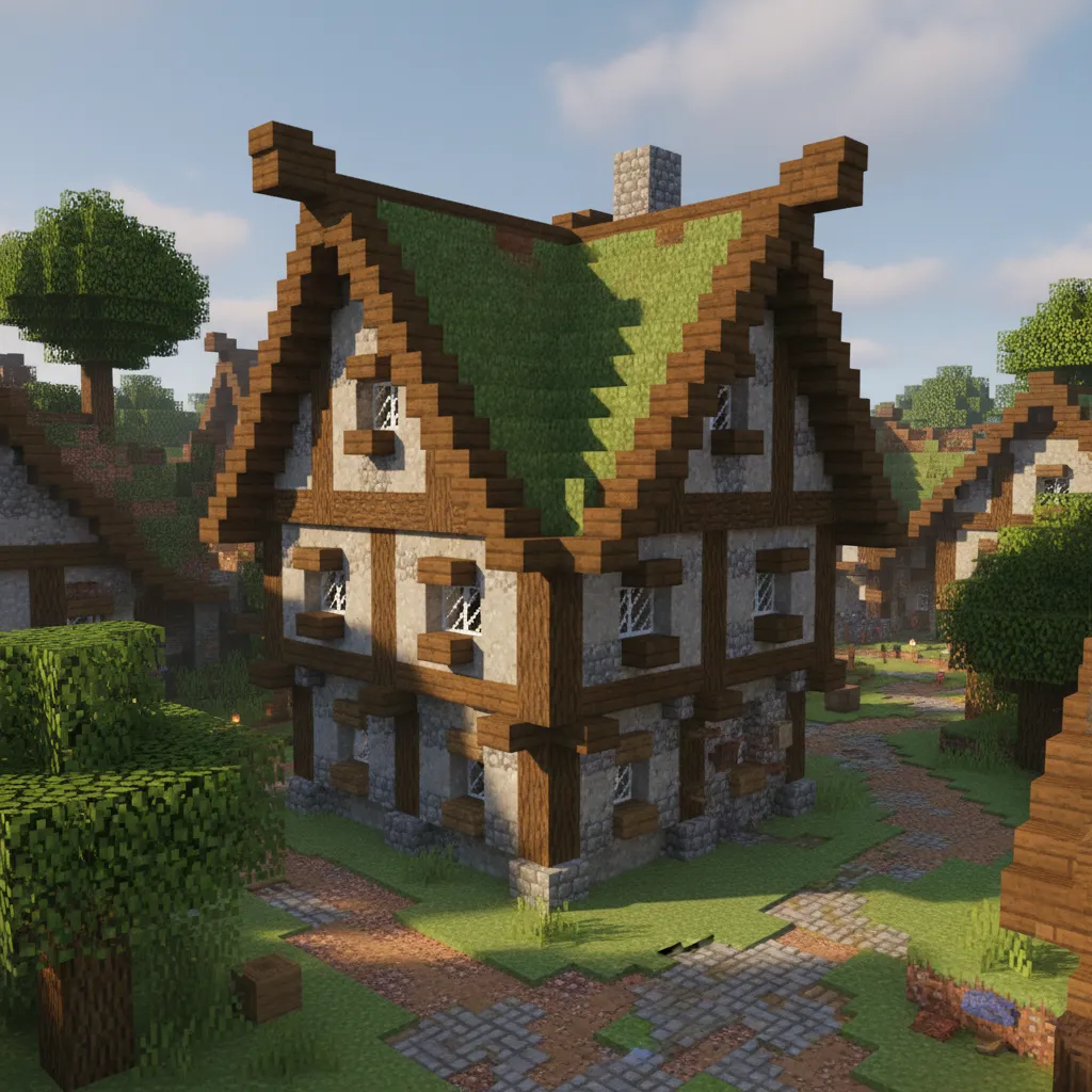 Large Minecraft medieval house with white walls brown wood beams green moss roof and windows
