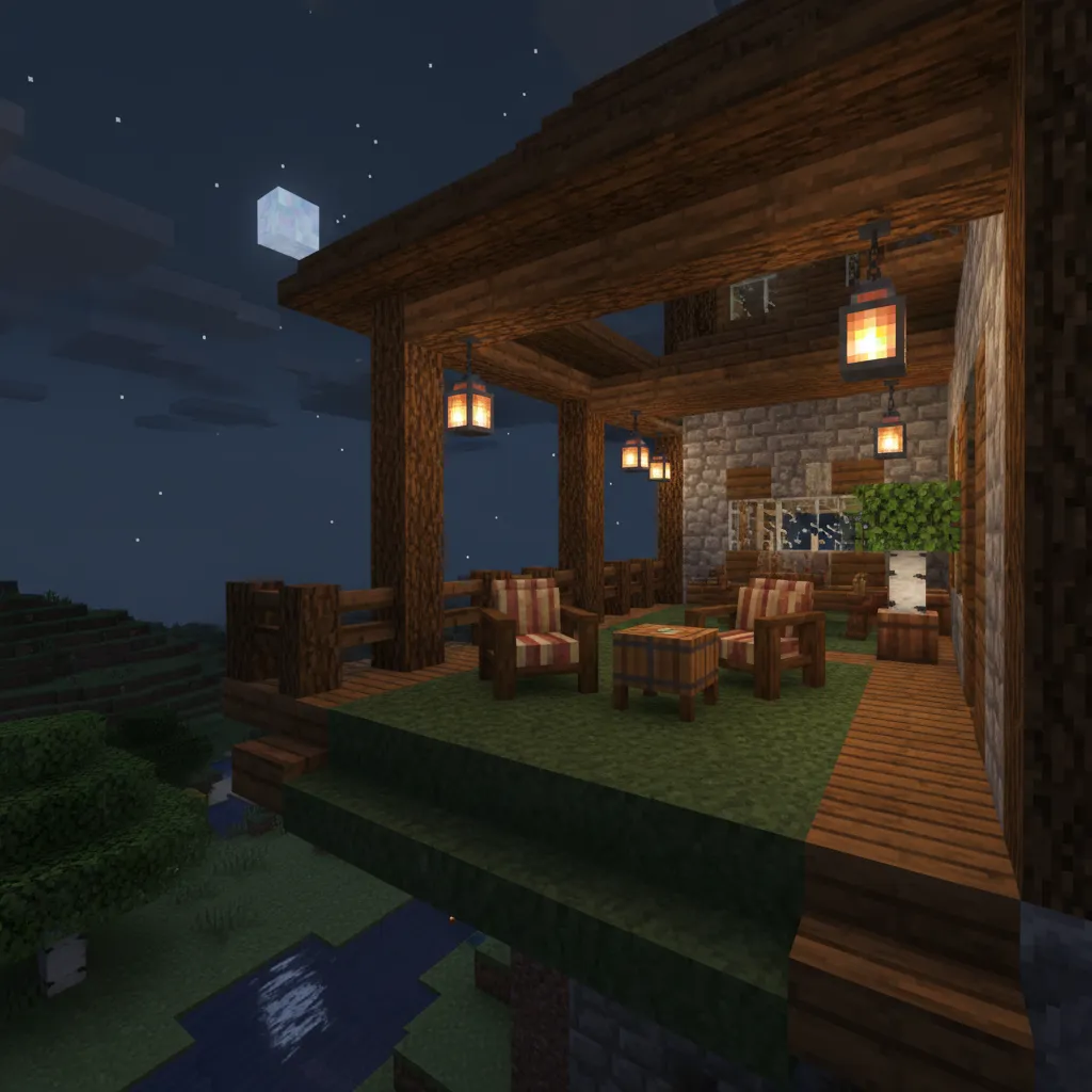 Minecraft balcony at night illuminated with lantern lighting