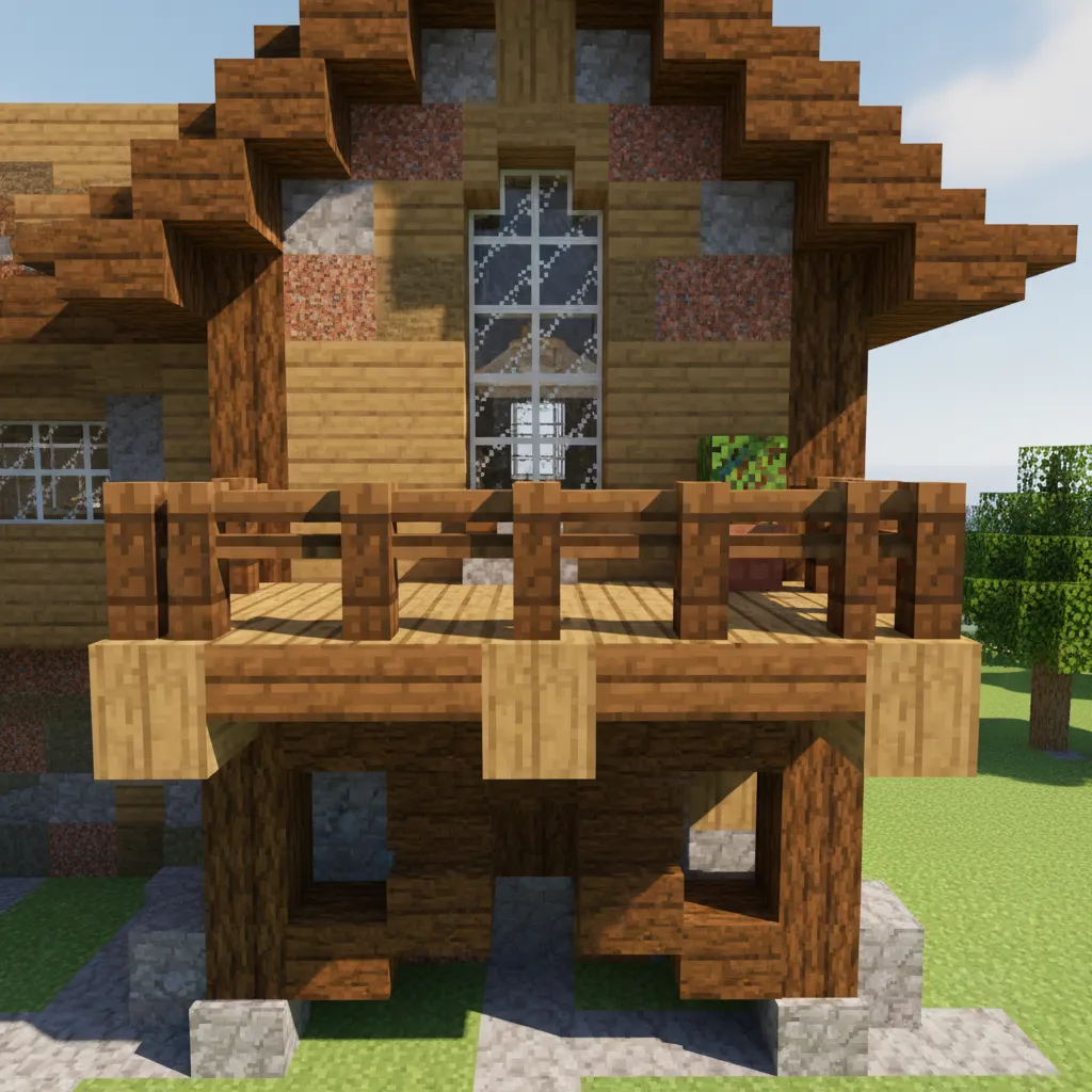 Minecraft balcony with visible wooden beam supports underneath