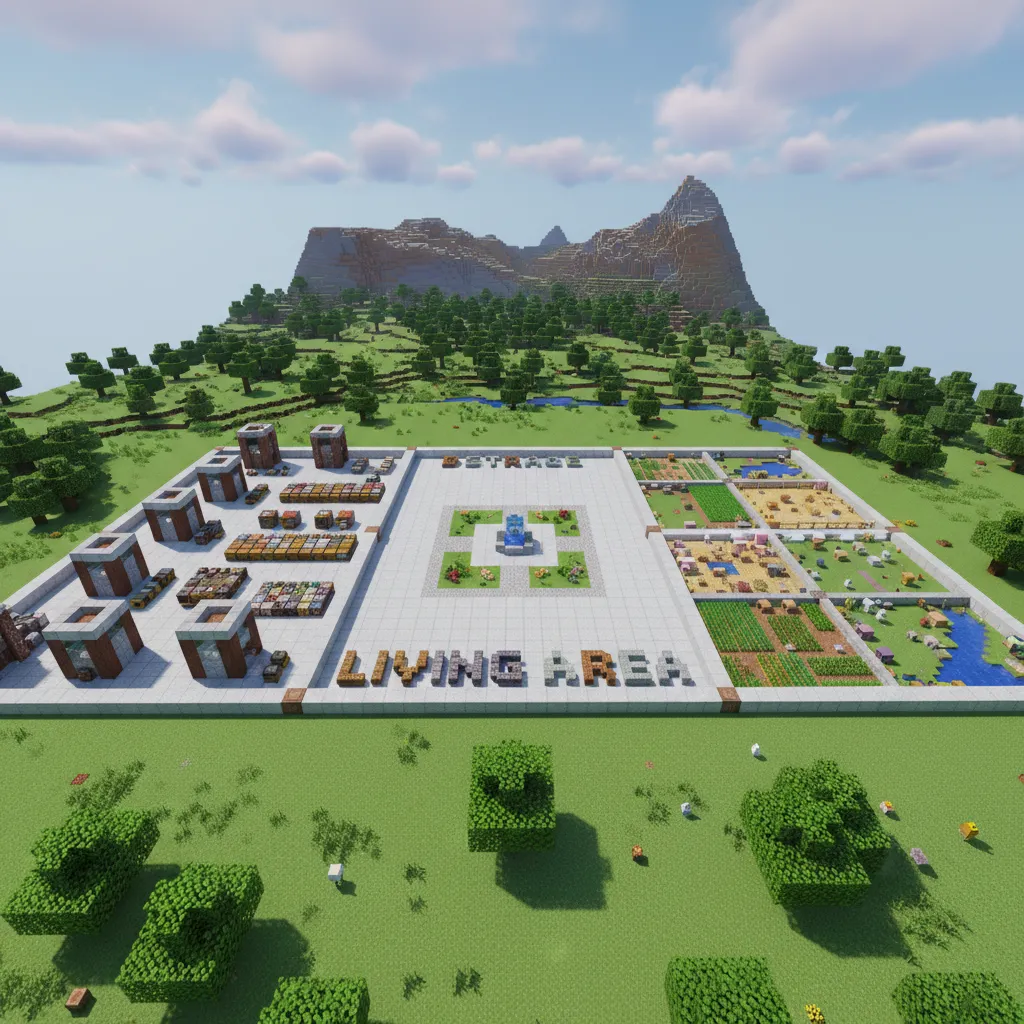 Minecraft base planning concept showing zones for farms storage and living areas