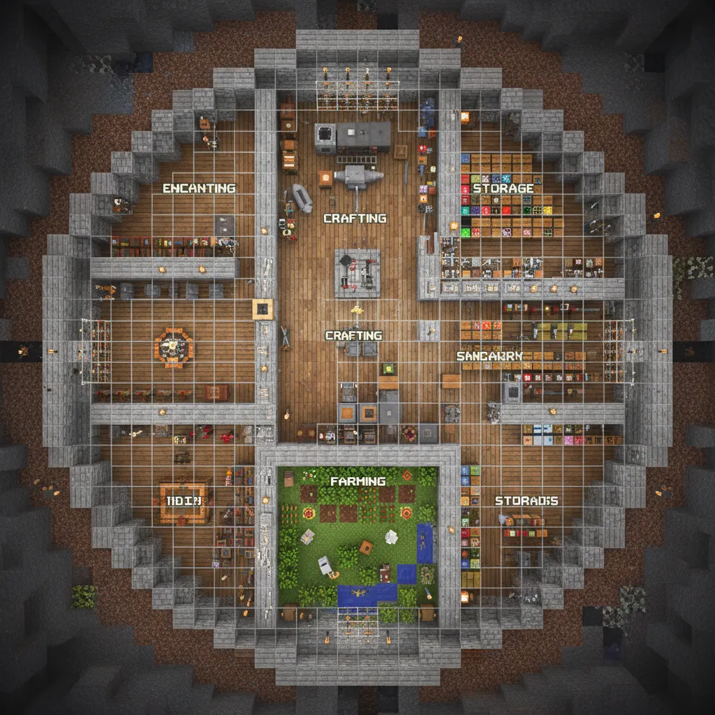 Minecraft base layout planning concept with organized rooms and zones