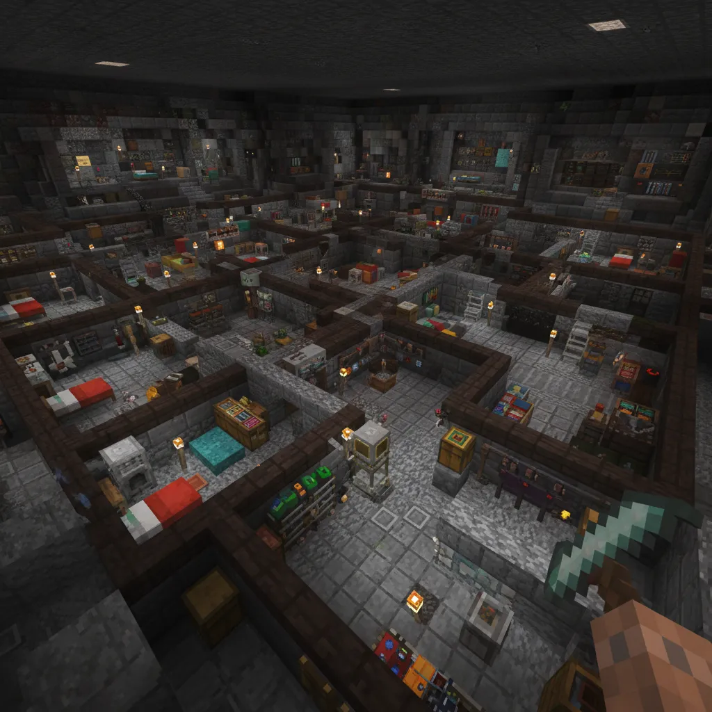 minecraft base interior with confusing corridors and separated rooms showing inefficient layout