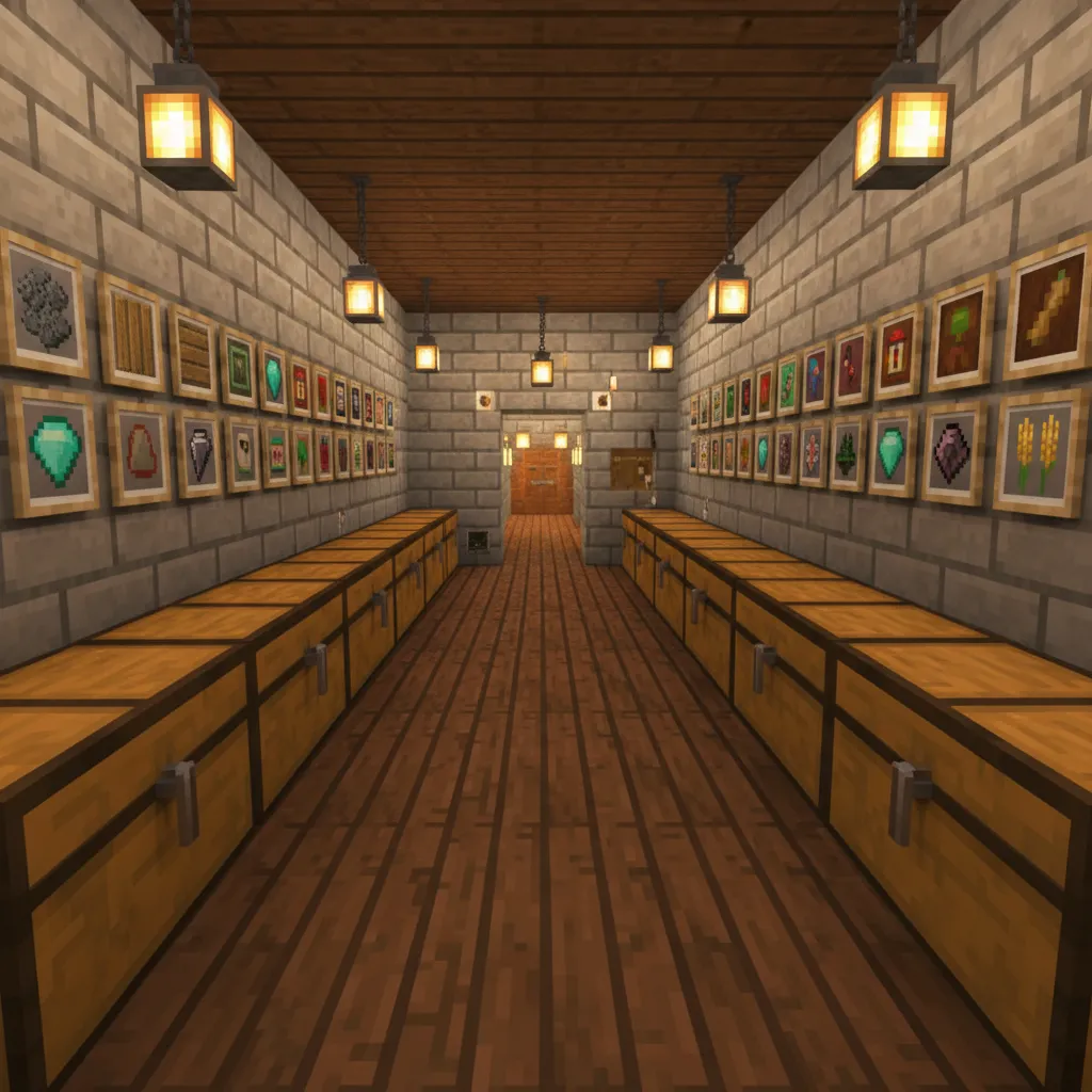 basic Minecraft storage room with labeled chest rows