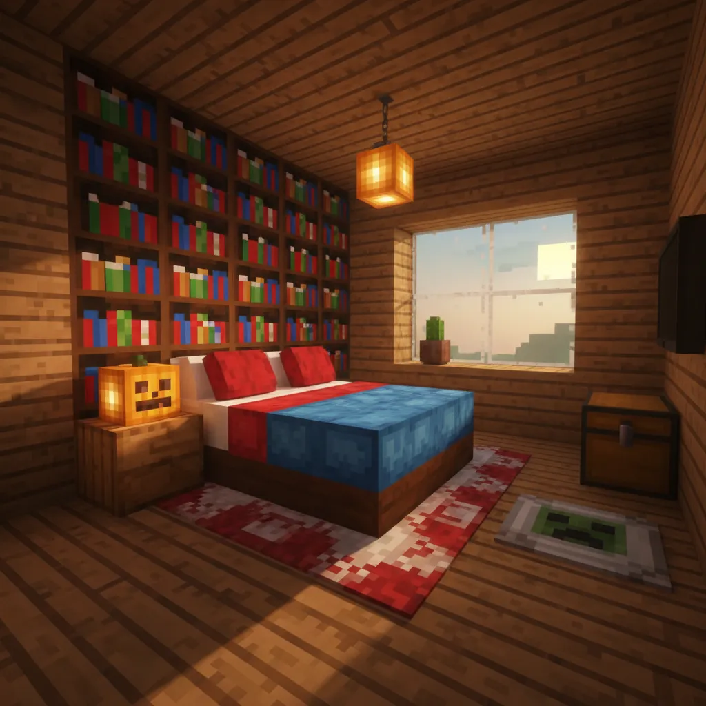 Minecraft bedroom with wooden walls large bookshelf bed colorful rug nightstand chest and bright window