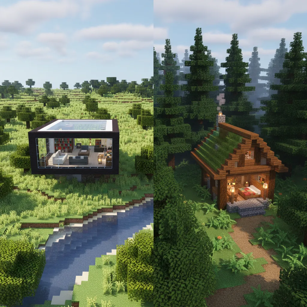 Modern Minecraft house in plains biome and traditional house in forest biome