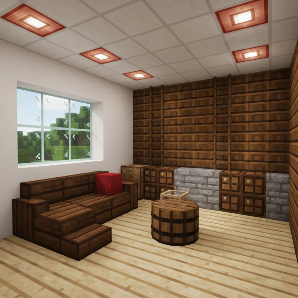 Ejemplos de muebles creados con bloques en Minecraft como sofá, mesa y estantería