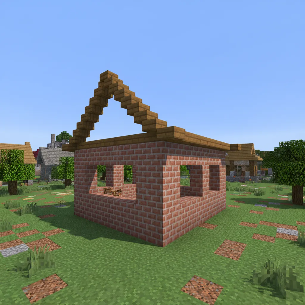 Proceso de construcción de una casa de ladrillo en Minecraft mostrando la estructura inicial