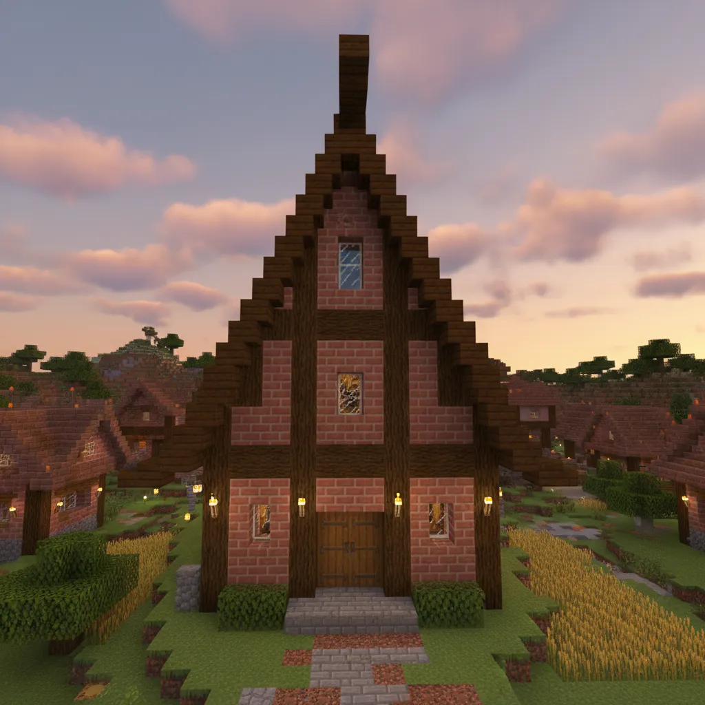Techo inclinado en una casa de ladrillo en Minecraft