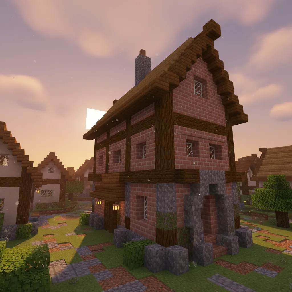 Casa de Minecraft combinando ladrillo con madera y piedra