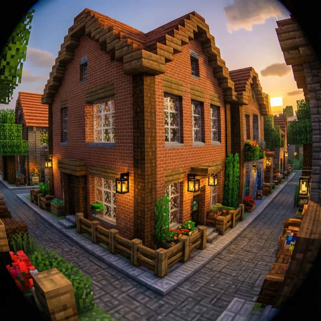 Casa urbana de ladrillo en una calle estilo Minecraft