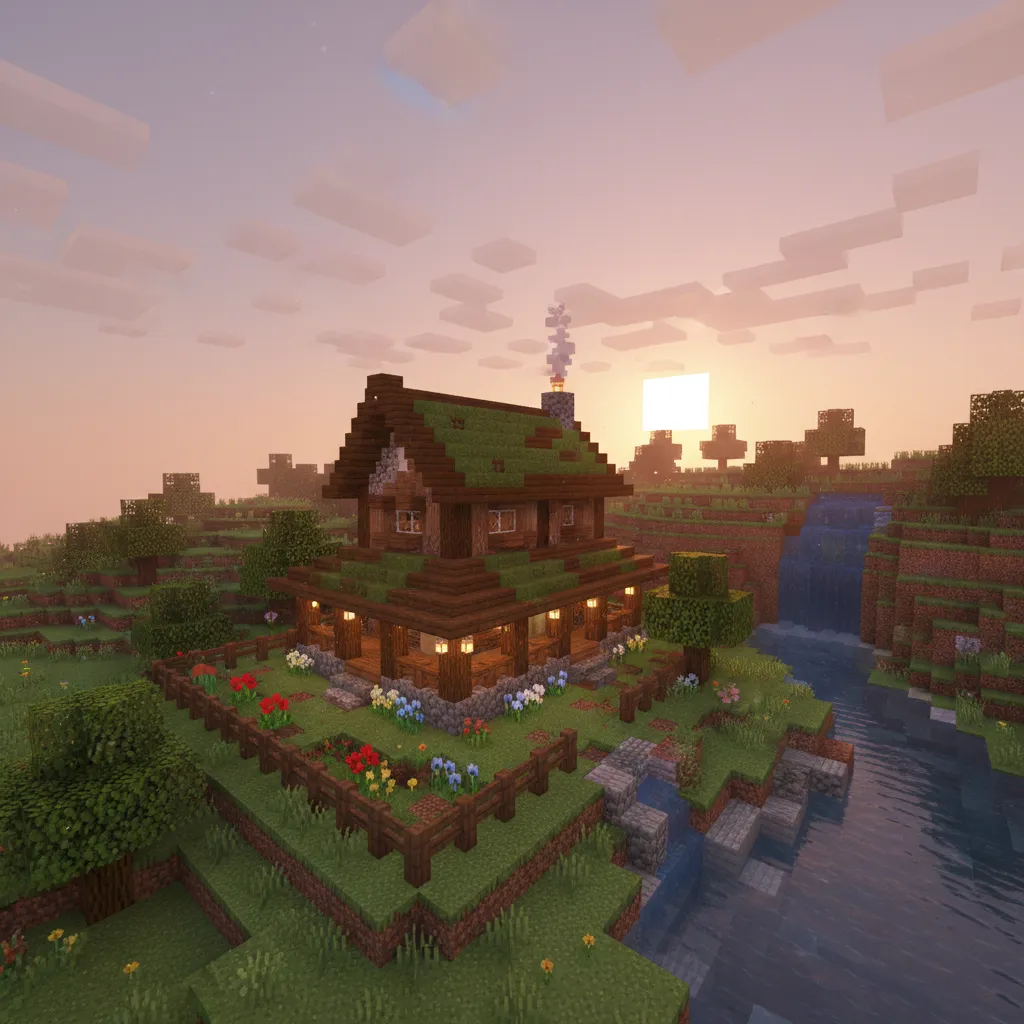 Casa de Minecraft integrada con jardín y entorno natural