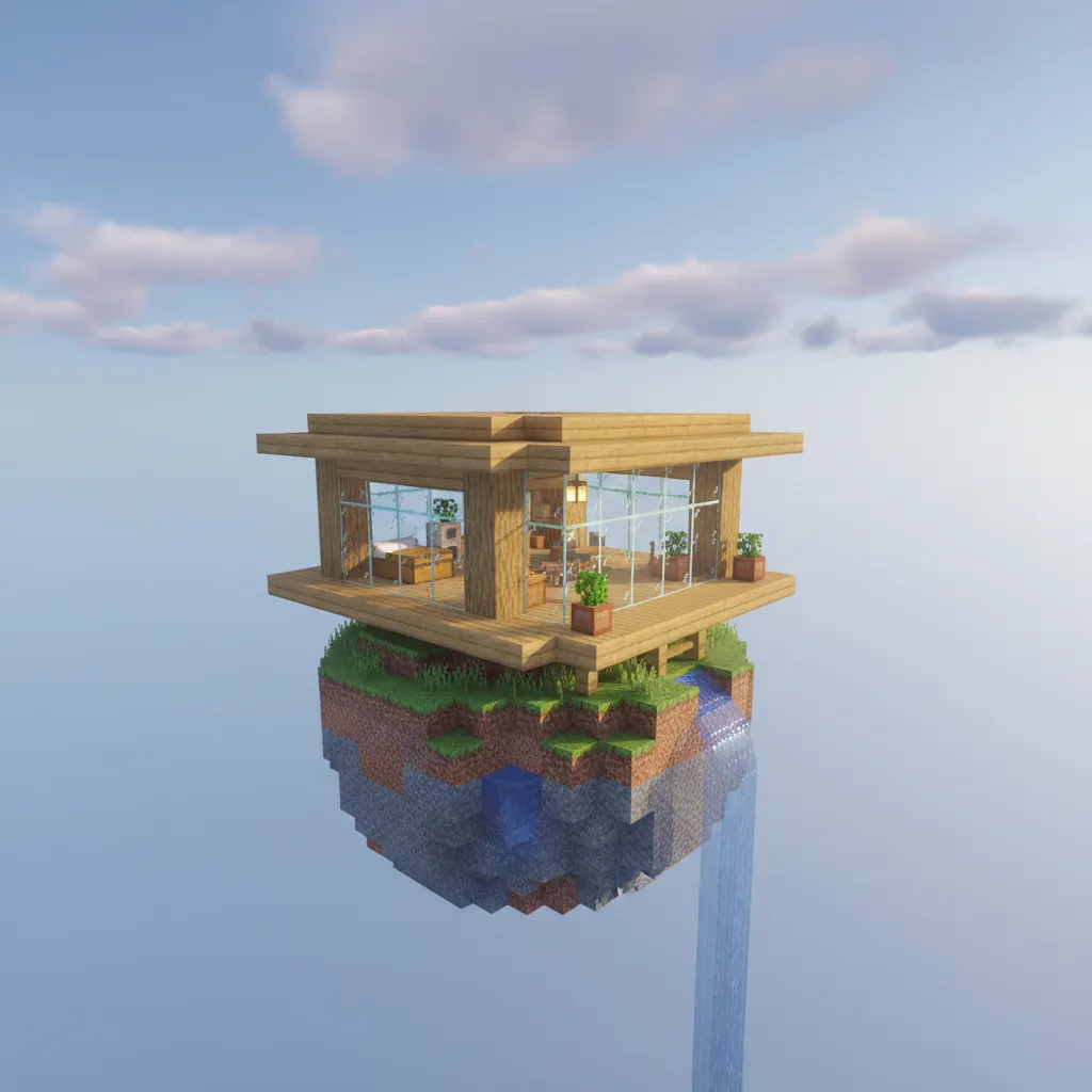 Casa flotante de madera clara en Minecraft sobre pequeña isla suspendida