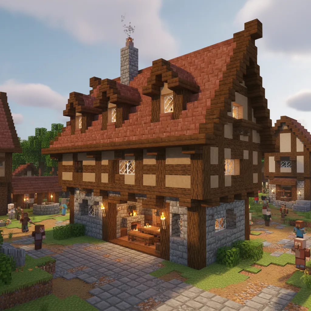 Casa medieval en Minecraft con madera expuesta y techo alto