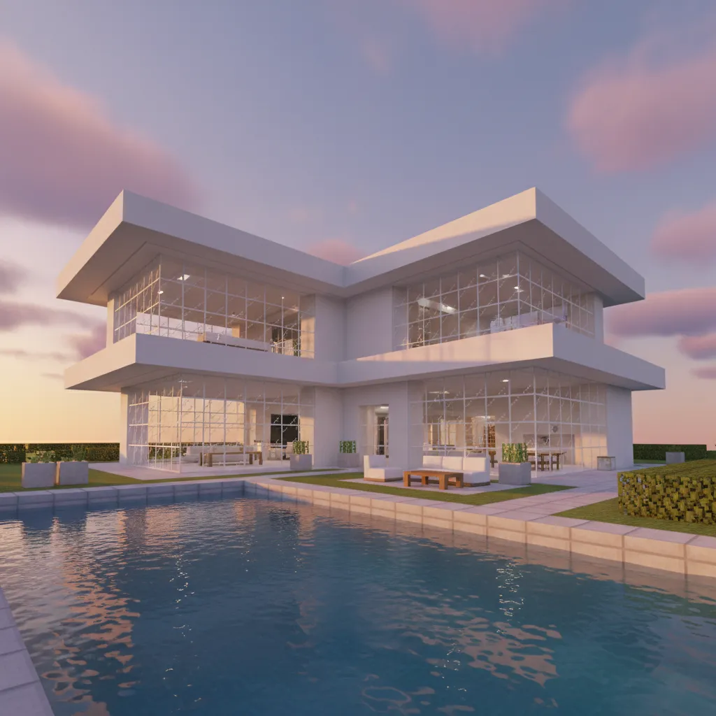 Casa moderna en Minecraft con hormigón blanco y grandes ventanas