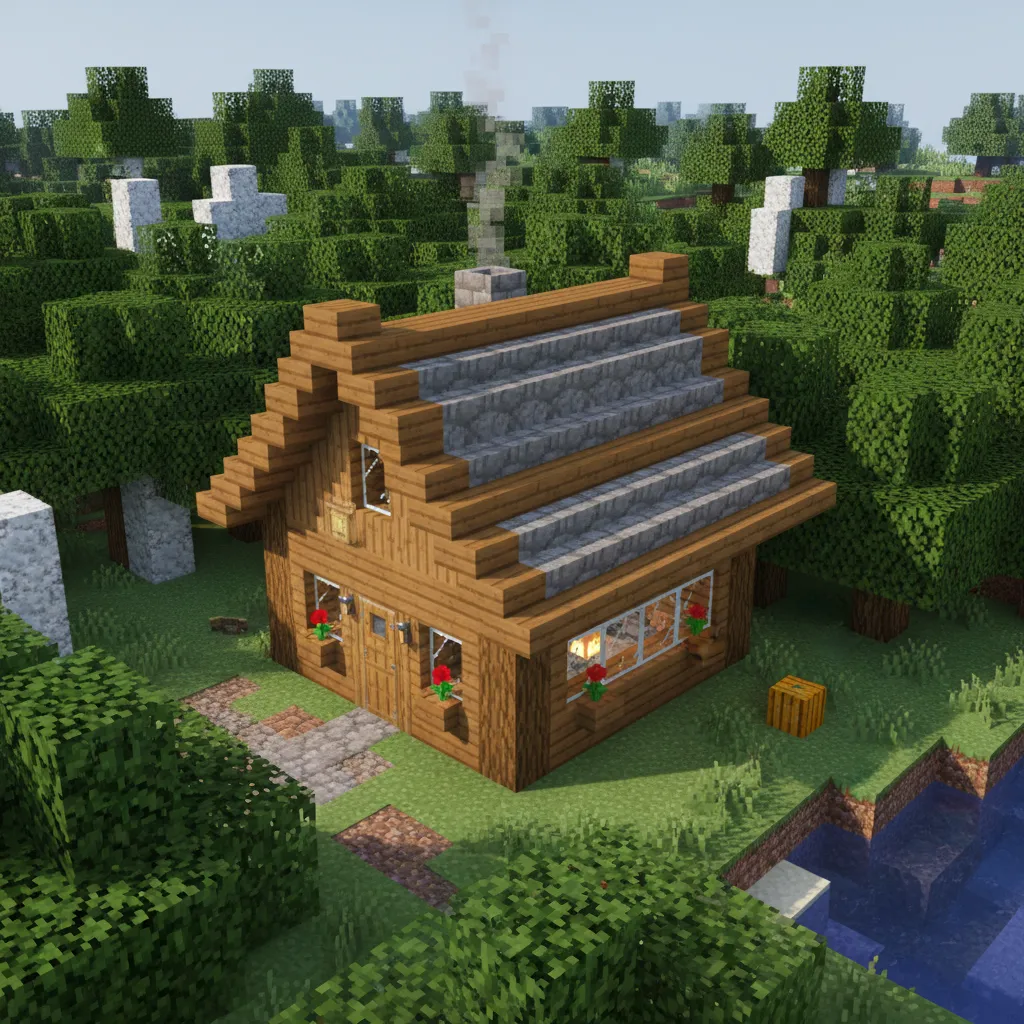 Casa pequeña de supervivencia en Minecraft hecha con madera y piedra