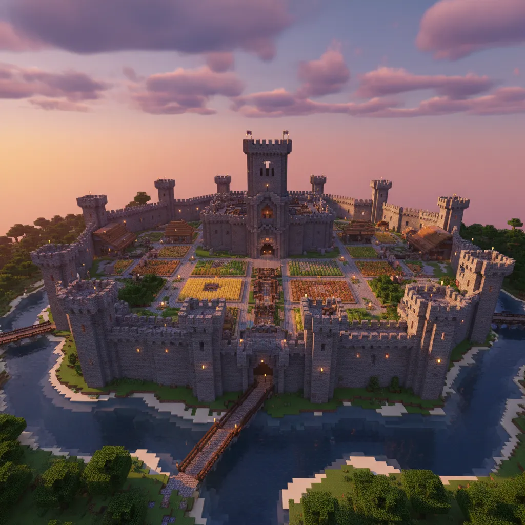 Large Minecraft castle base with towers courtyard and defensive walls