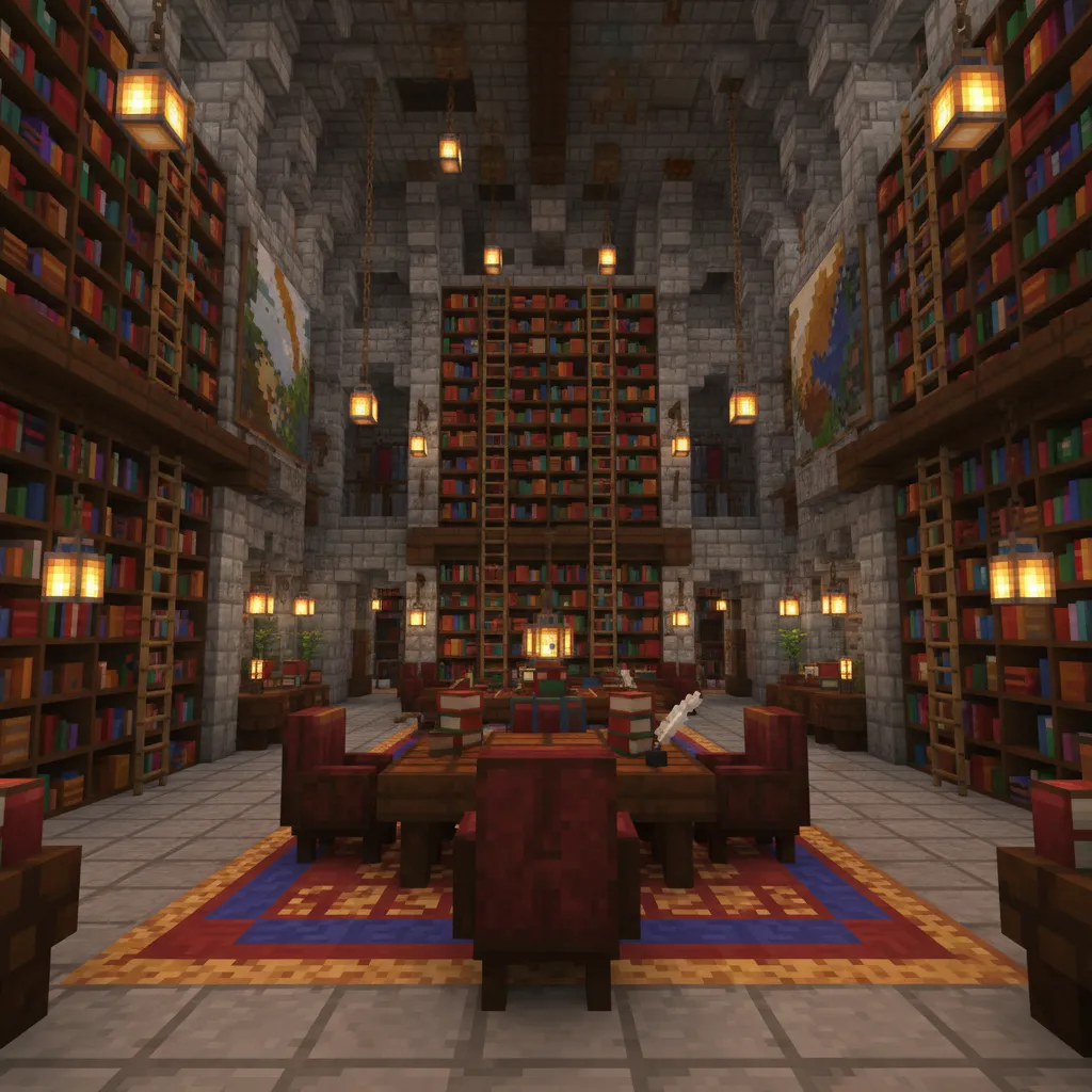 Biblioteca alta dentro de un castillo en Minecraft
