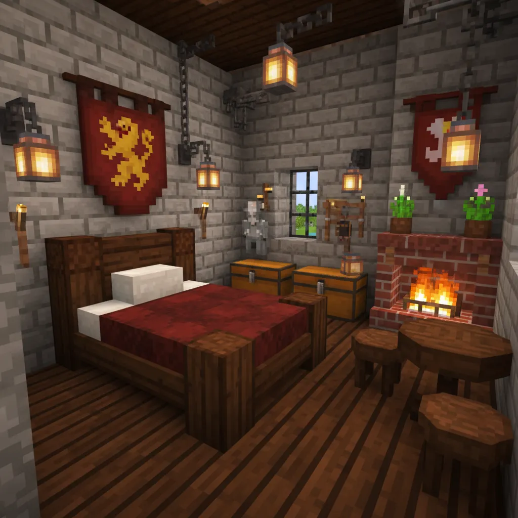 Habitación pequeña dentro de un castillo de Minecraft bien decorada