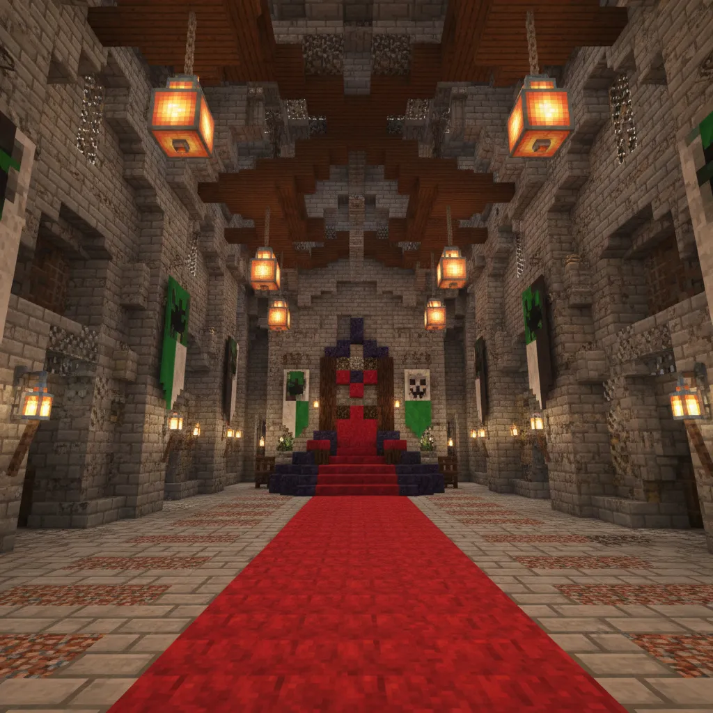 Gran salón del trono dentro de un castillo en Minecraft