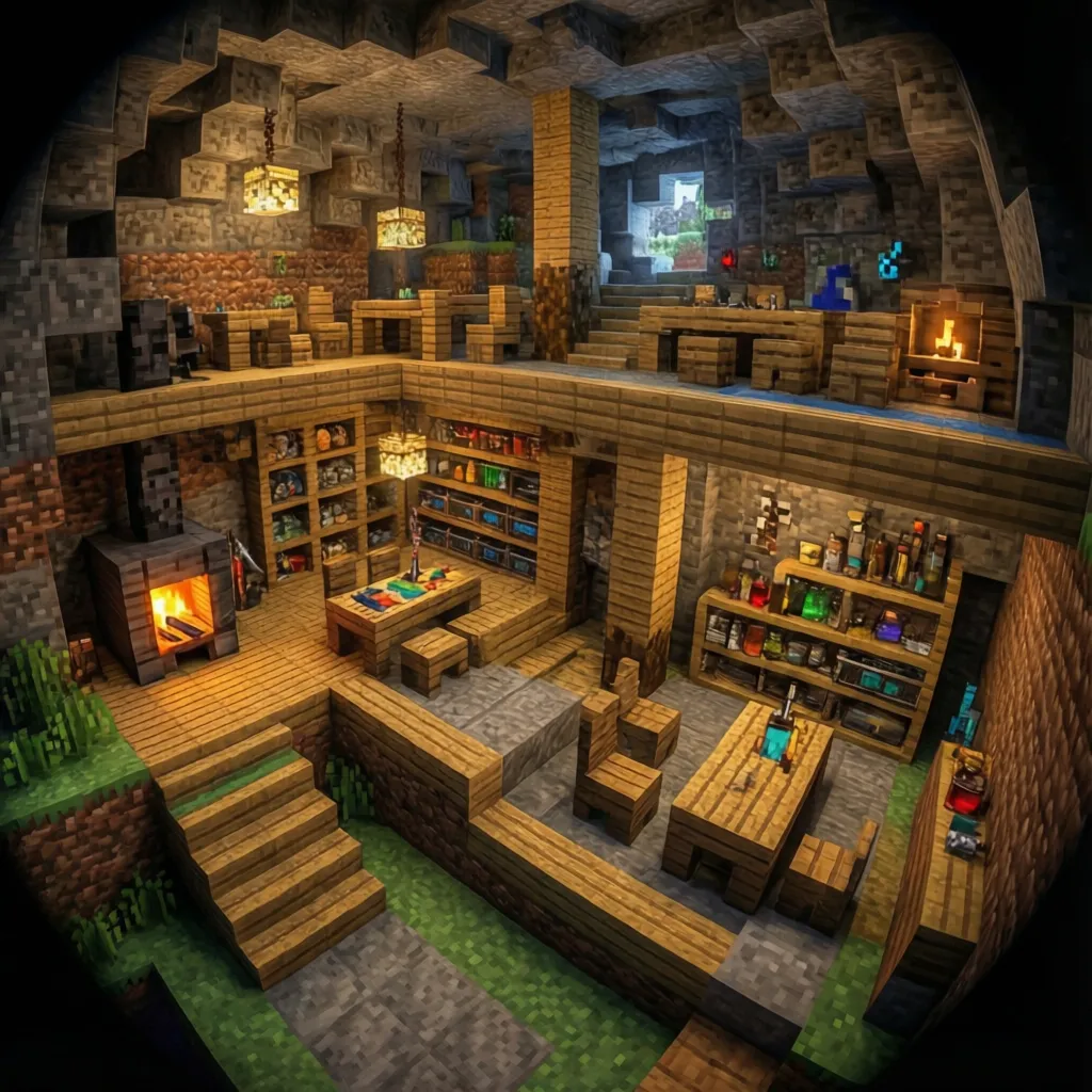 Interior design drawing showing wooden stairs tables shelves and fireplace inside a large stone cave