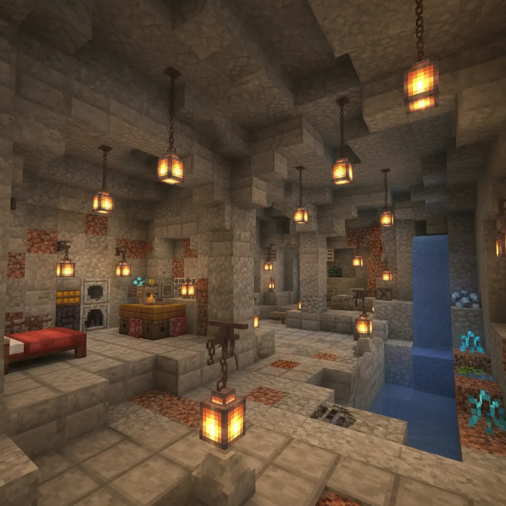 Minecraft cave bedroom design with red bed stone walls hanging ceiling lights and blue waterfall