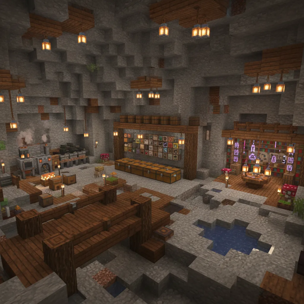 Stone cave room with wooden bridge storage chests furnace area bookshelves and warm hanging light