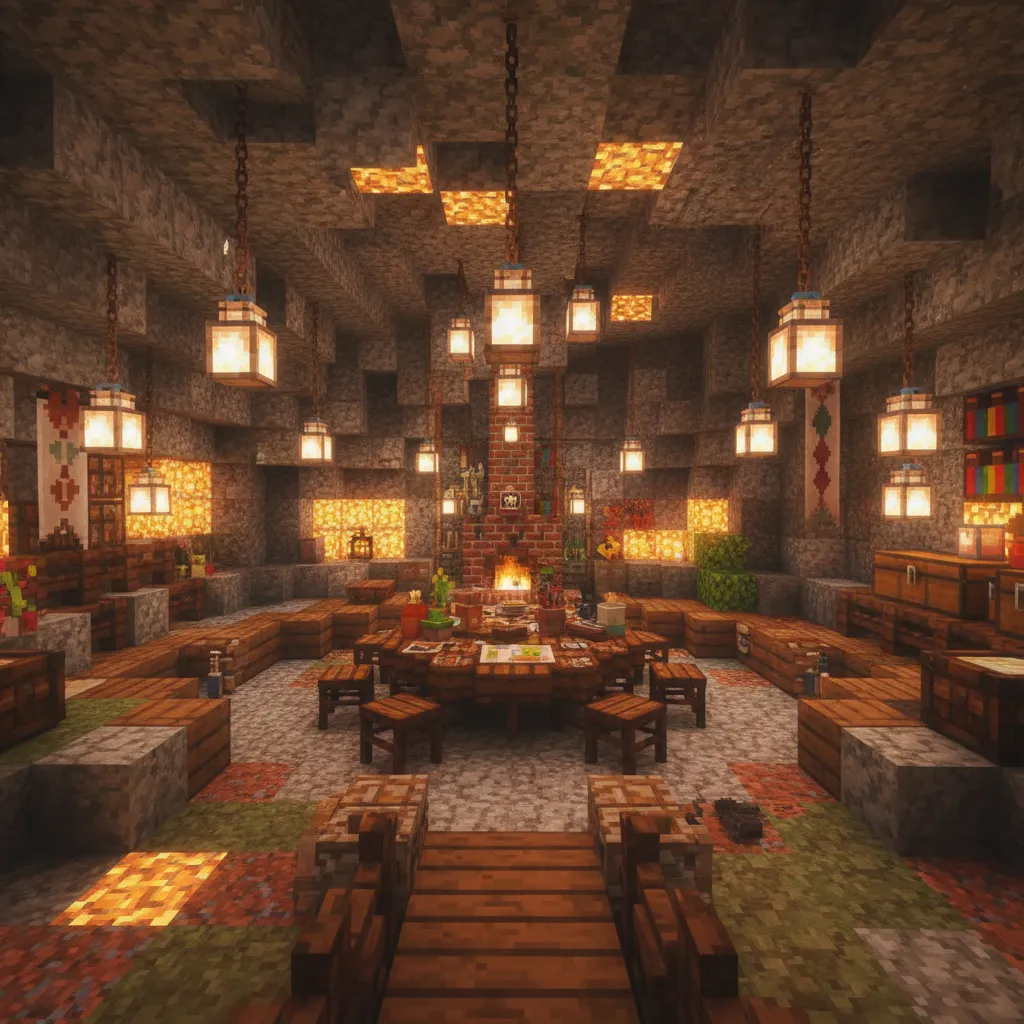 Large cave room with many hanging ceiling lights central wooden table stools and brick fireplace