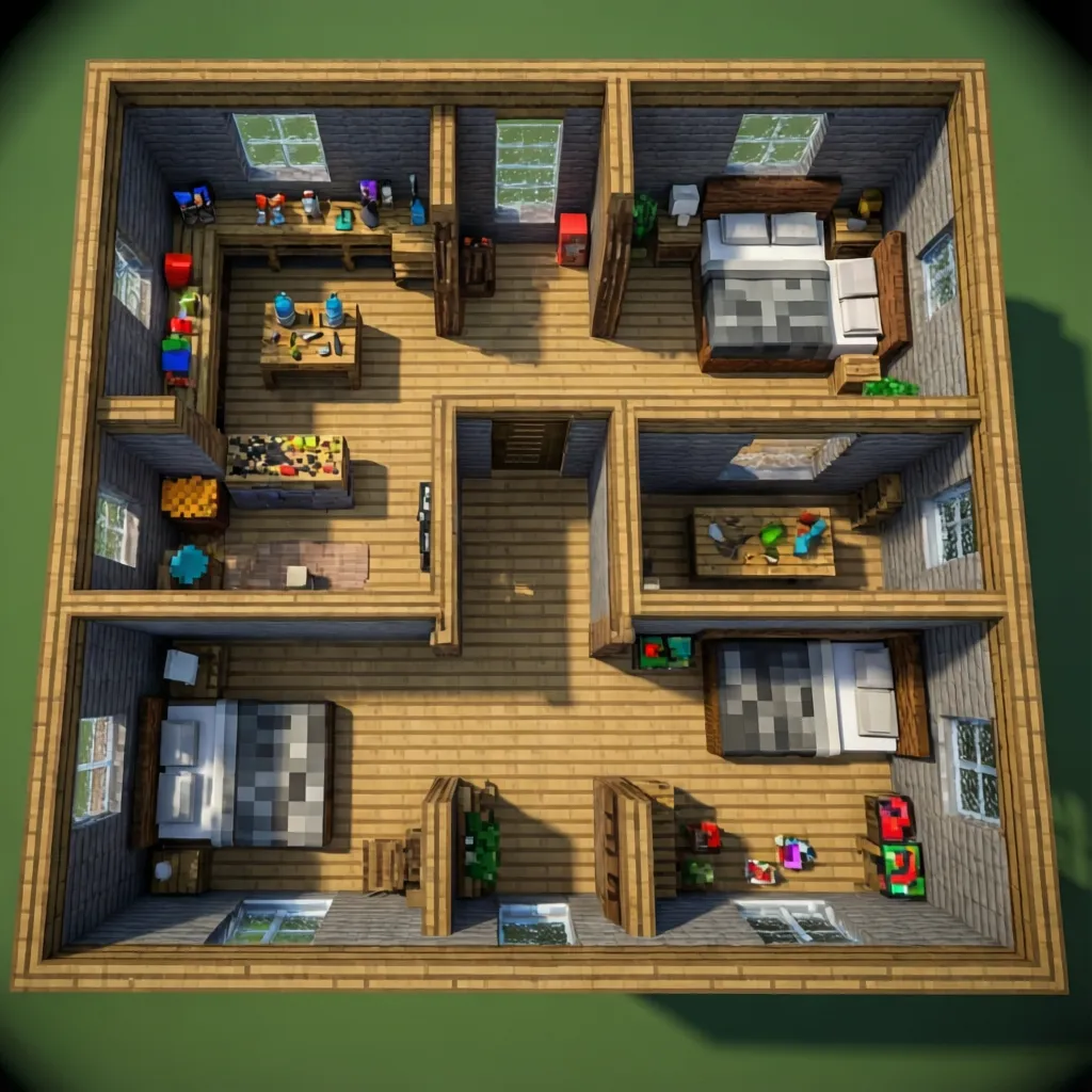 Plano compacto de casa en Minecraft con distribución simple de habitaciones