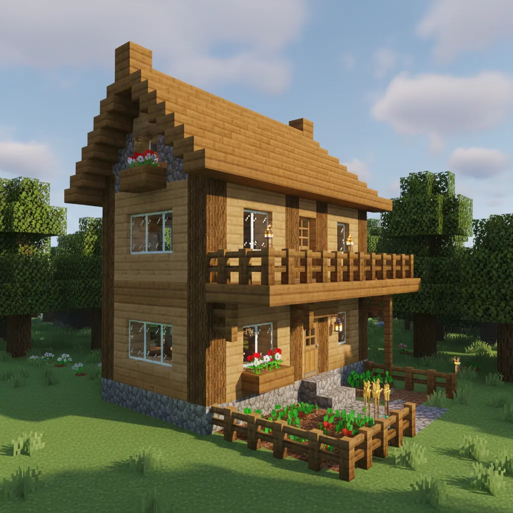 Minecraft corner balcony wrapping around two sides of a house
