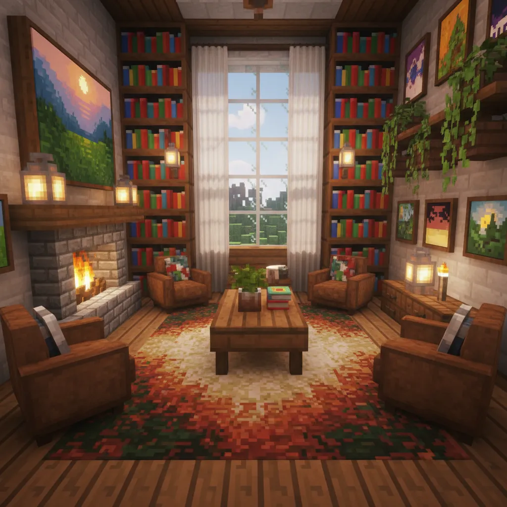 Detalles decorativos en interior de Minecraft con plantas y cuadros