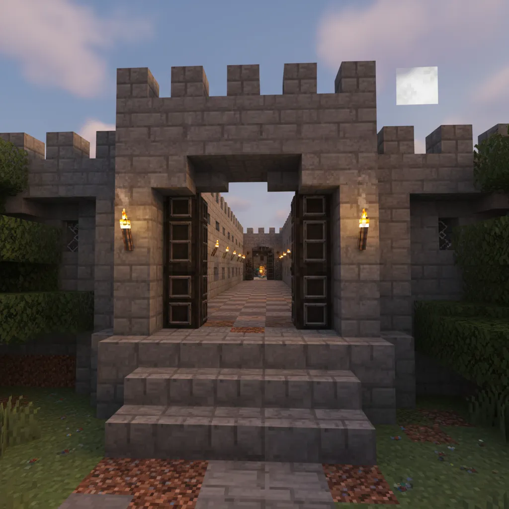Minecraft survival base defensive entrance with double doors and security layout