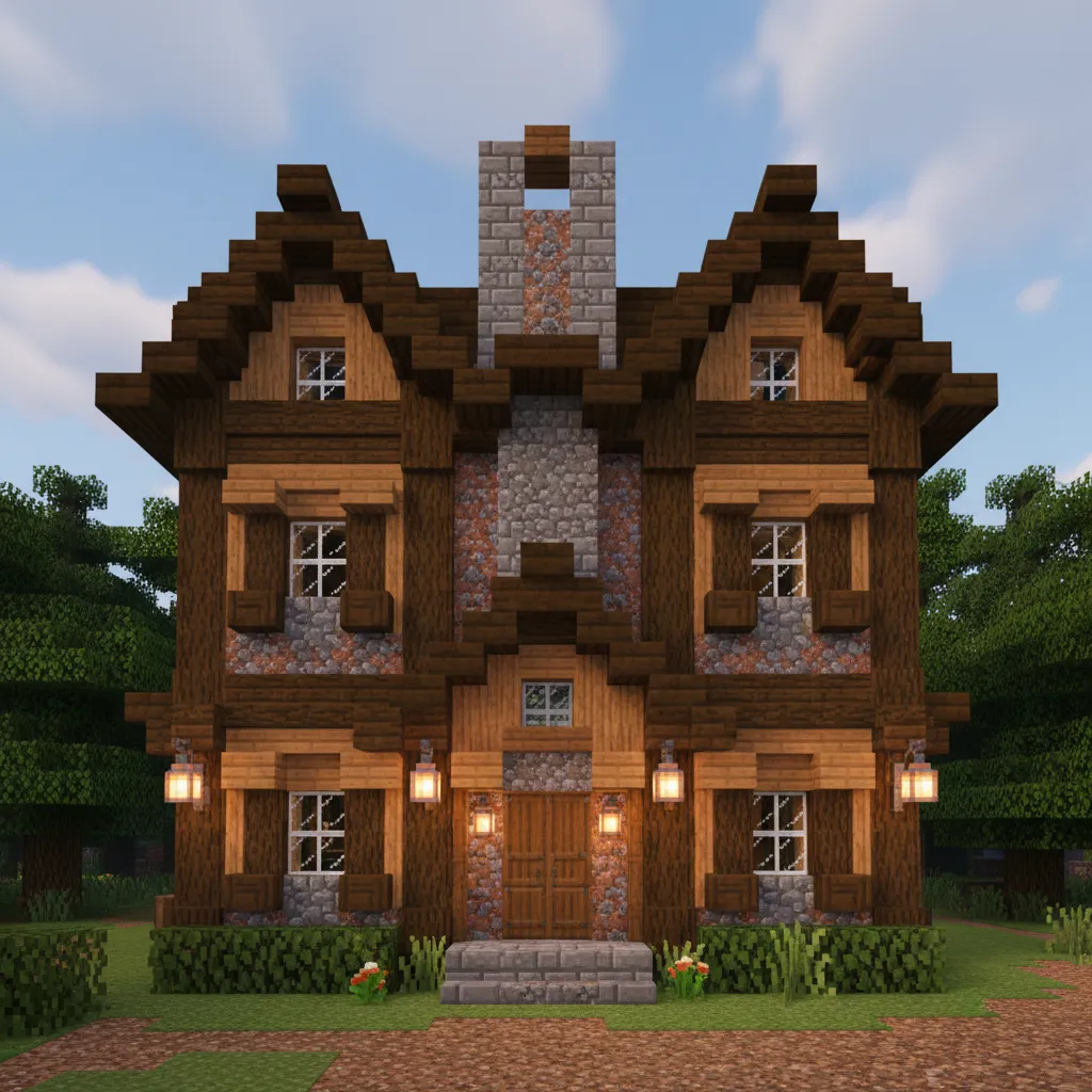 Rumah Minecraft dengan detail material dan jendela
