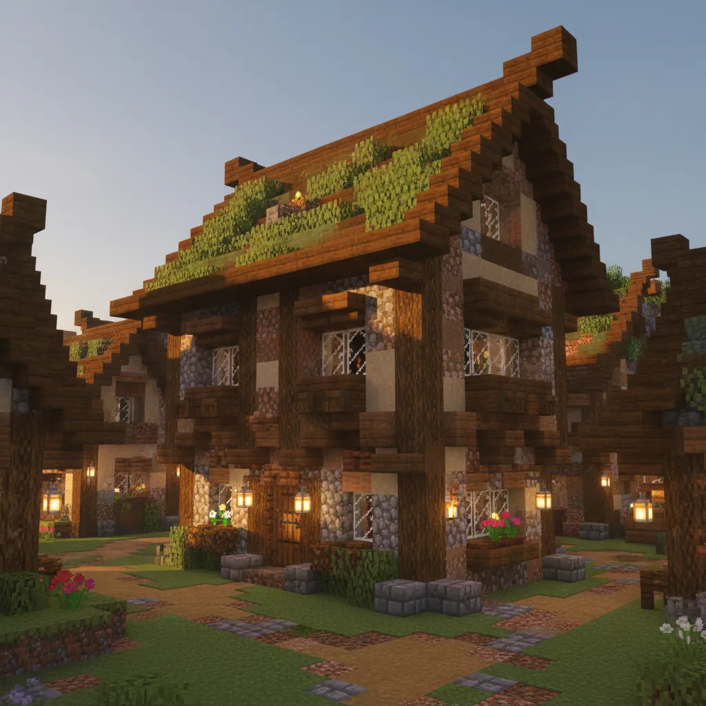 Casa en Minecraft con detalles arquitectónicos como ventanas y aleros