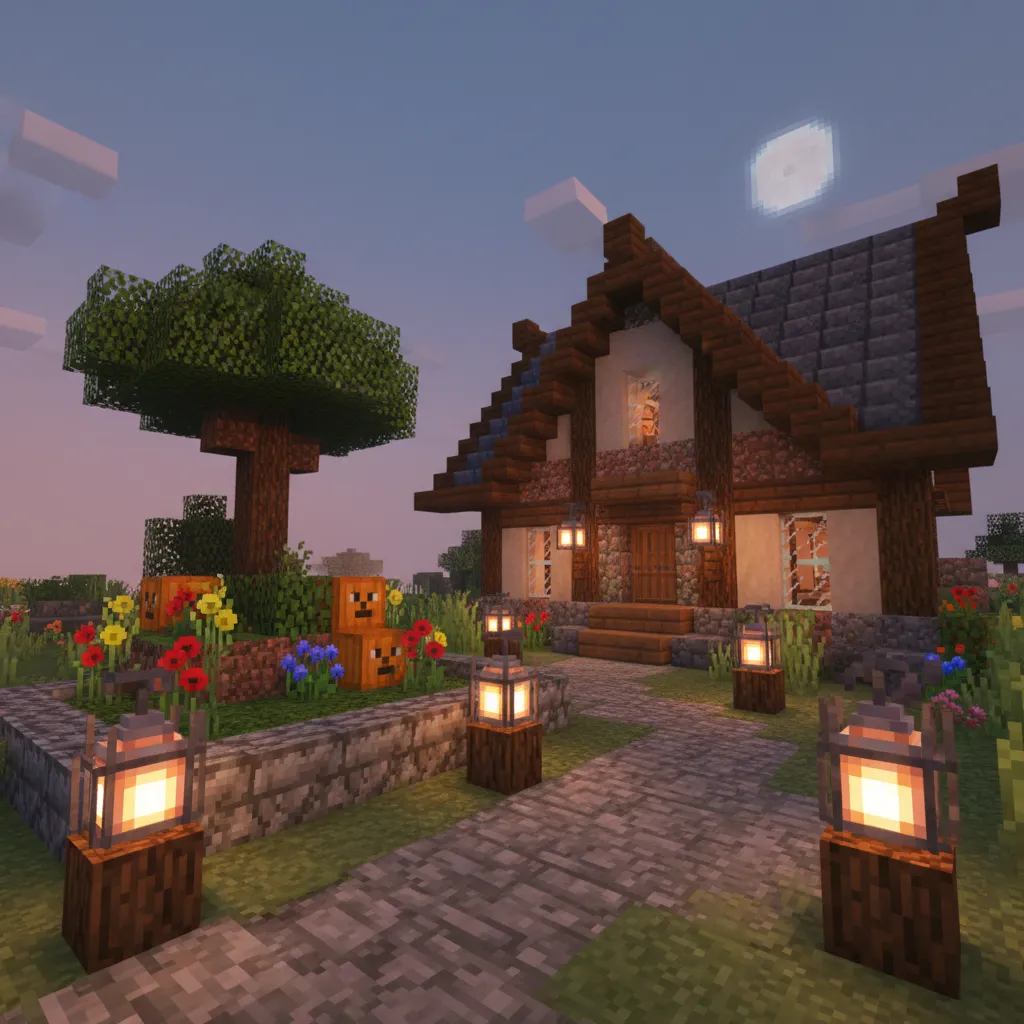 Casa de Minecraft con camino y faroles exteriores
