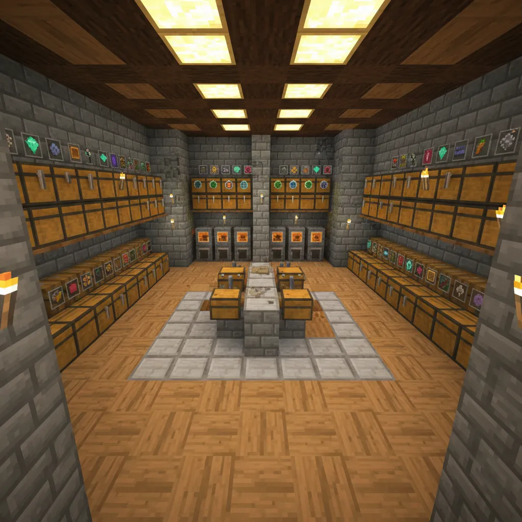 minecraft workshop area with storage chests surrounding crafting tables efficient layout