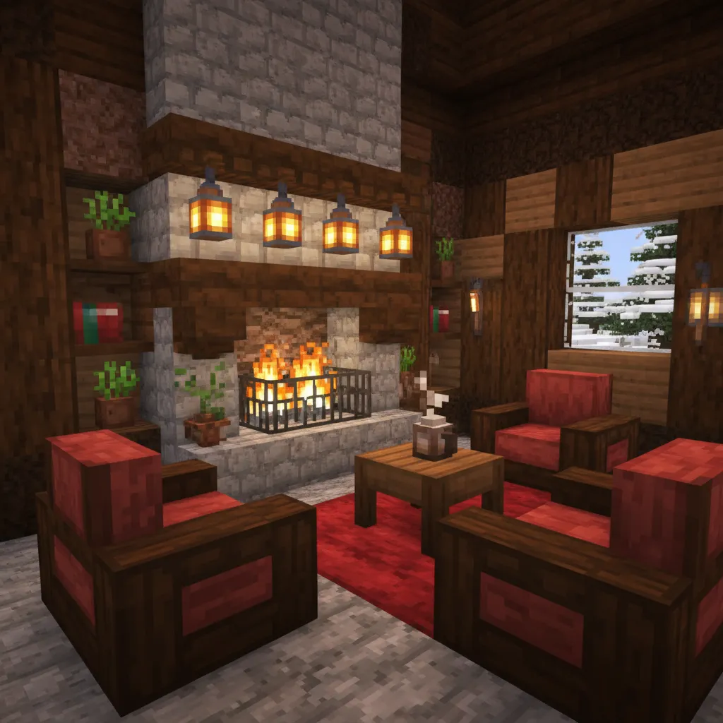 Chimenea decorativa dentro de una casa Minecraft usada como punto focal