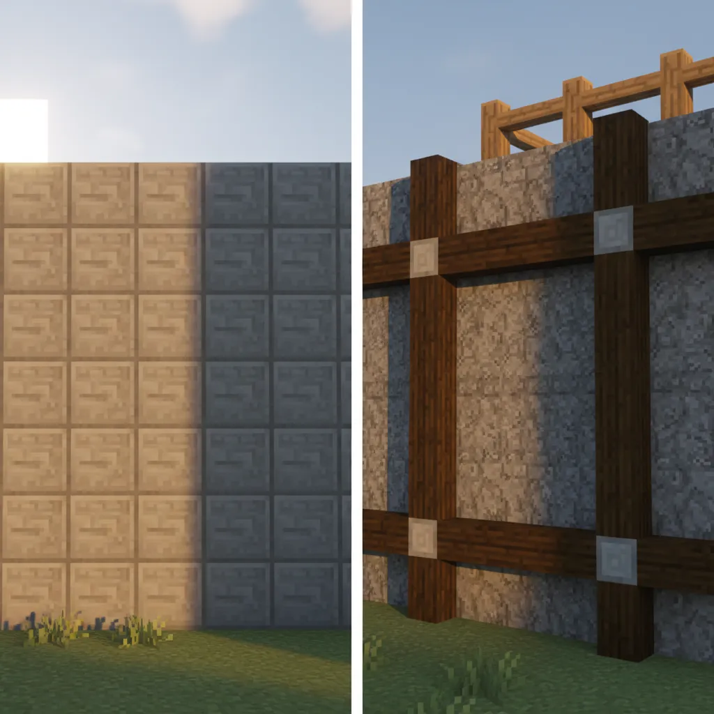 Comparación entre pared plana y pared con profundidad en Minecraft
