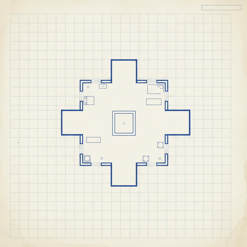Blue line interior design drawing on grid paper showing a symmetrical cross shaped house layout