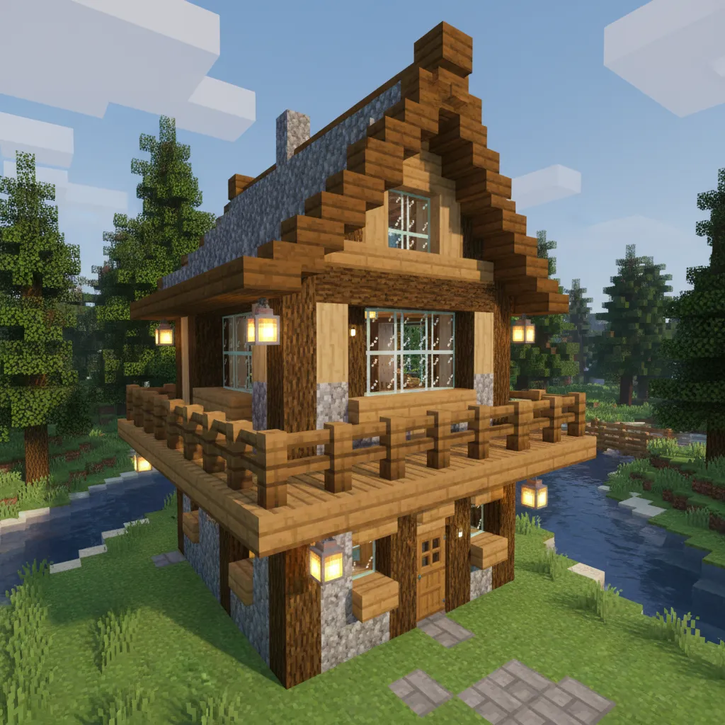 Minecraft survival house featuring a wooden balcony with lantern lighting