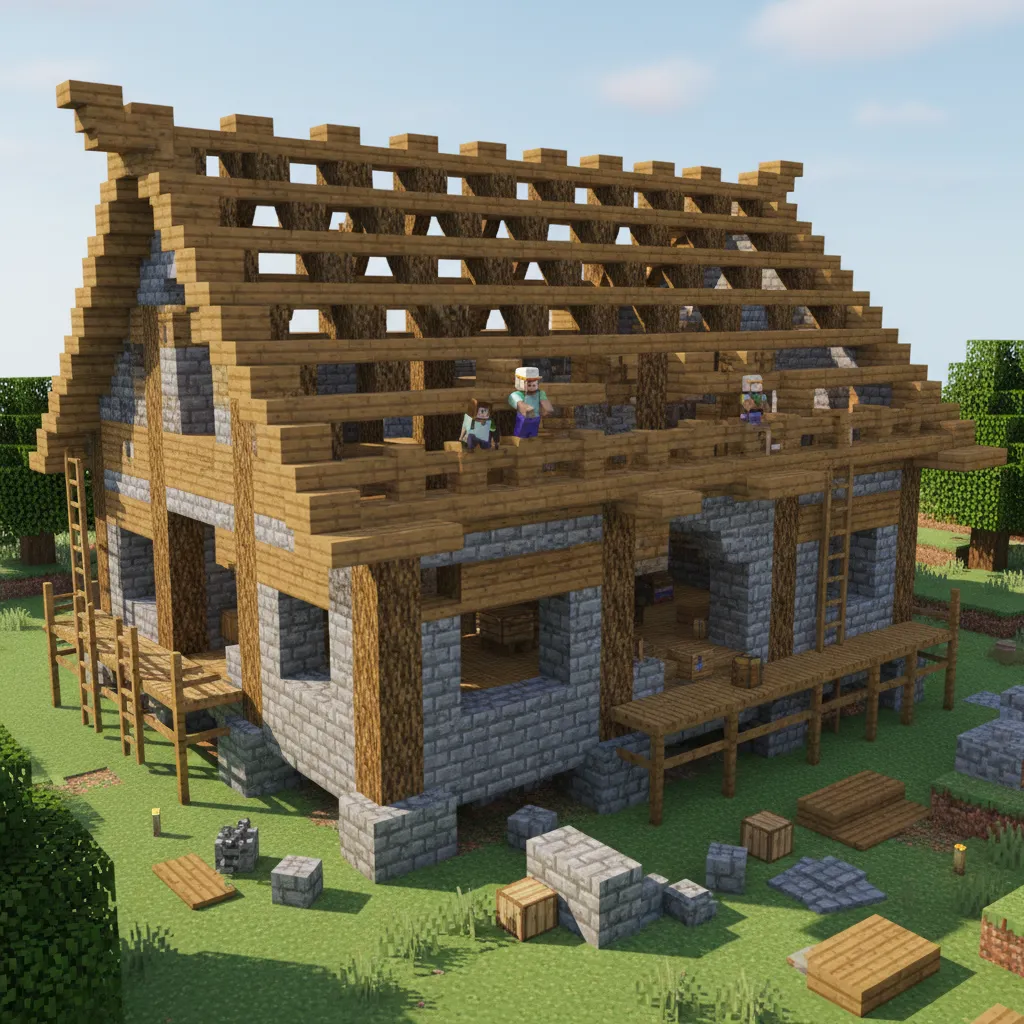 Estructura paso a paso de una casa de piedra y madera en Minecraft